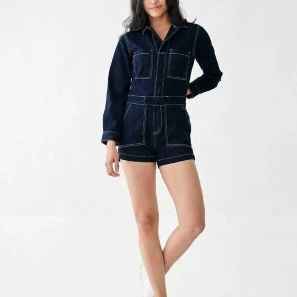 DL1961 Hannah Long Holmes Long Sleeve Front Zip One Piece Denim Romper Size XS